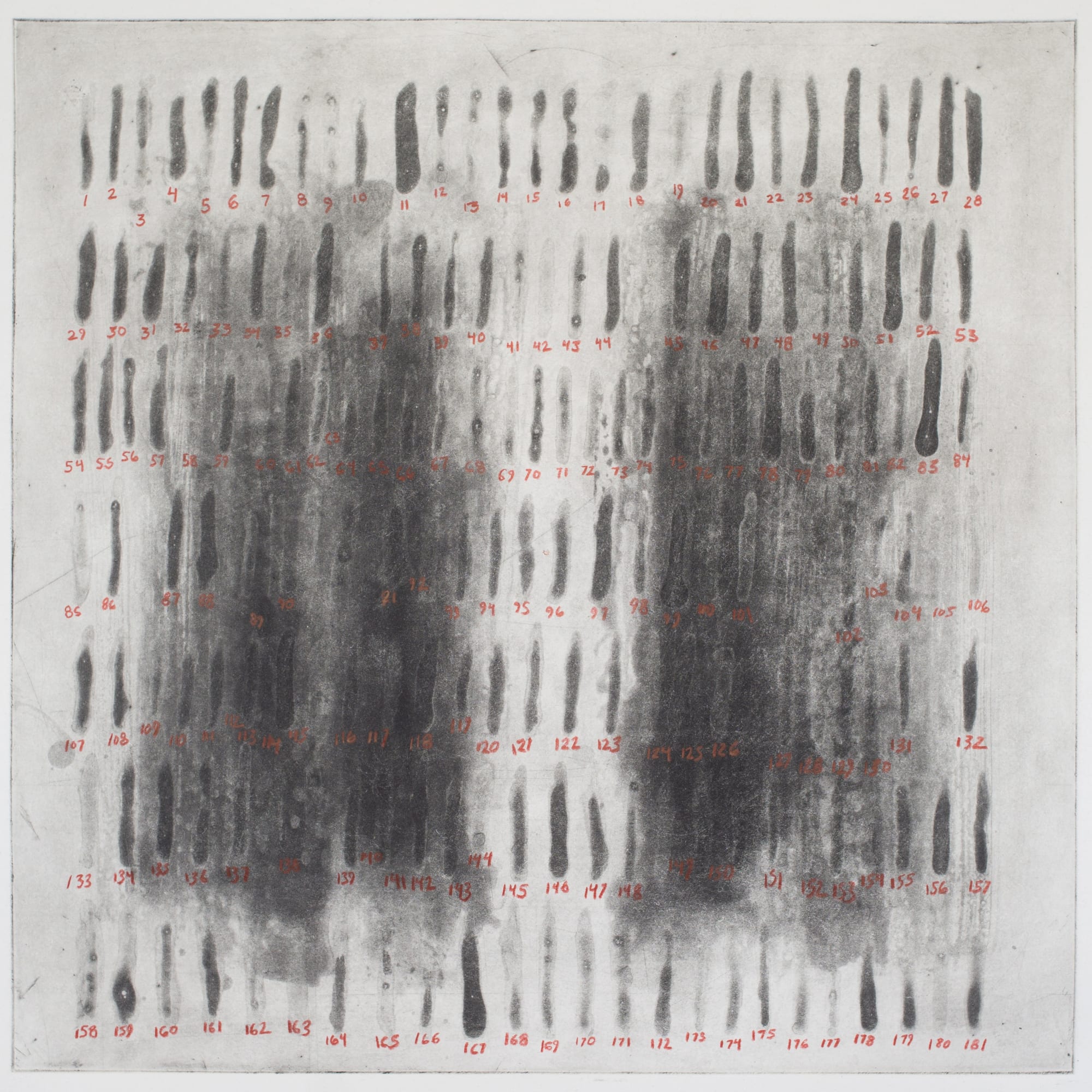 Damon Campagna One Hundred Eighty-One Marks over Two Dark Fields in a Square, 2018 Copperplate Spitbite aquatint etching with red pencil on Hahnemühle paper and typed documentation: carbon paper, three-ring binder 12 x 12 in. $650