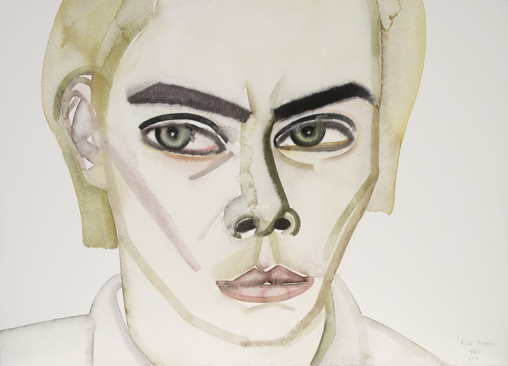 River Phoenix, HU Zi 胡子, 2014, Gouache on paper纸上水粉,39.5 × 55 cm
