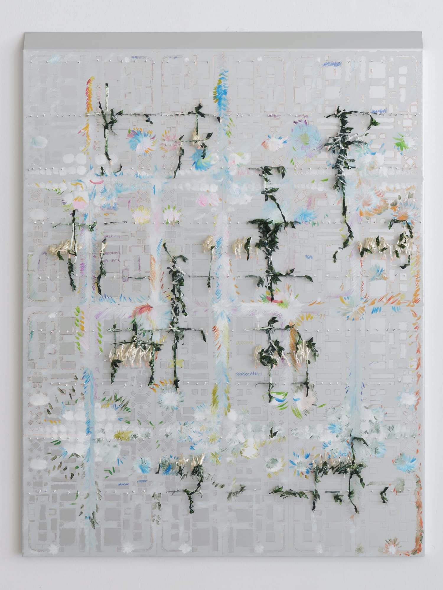 United Miracles, 2023, oil paint, fineliner, pencilled, gelatin and glue on hand-tapped aluminium, 125 x 95 cm