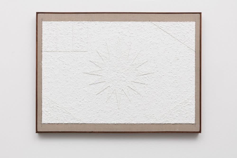 Untitled (White Flag), 2016, oil paint, sand, gravel and glass on canvas with walnut frame, 54 x 74 cm