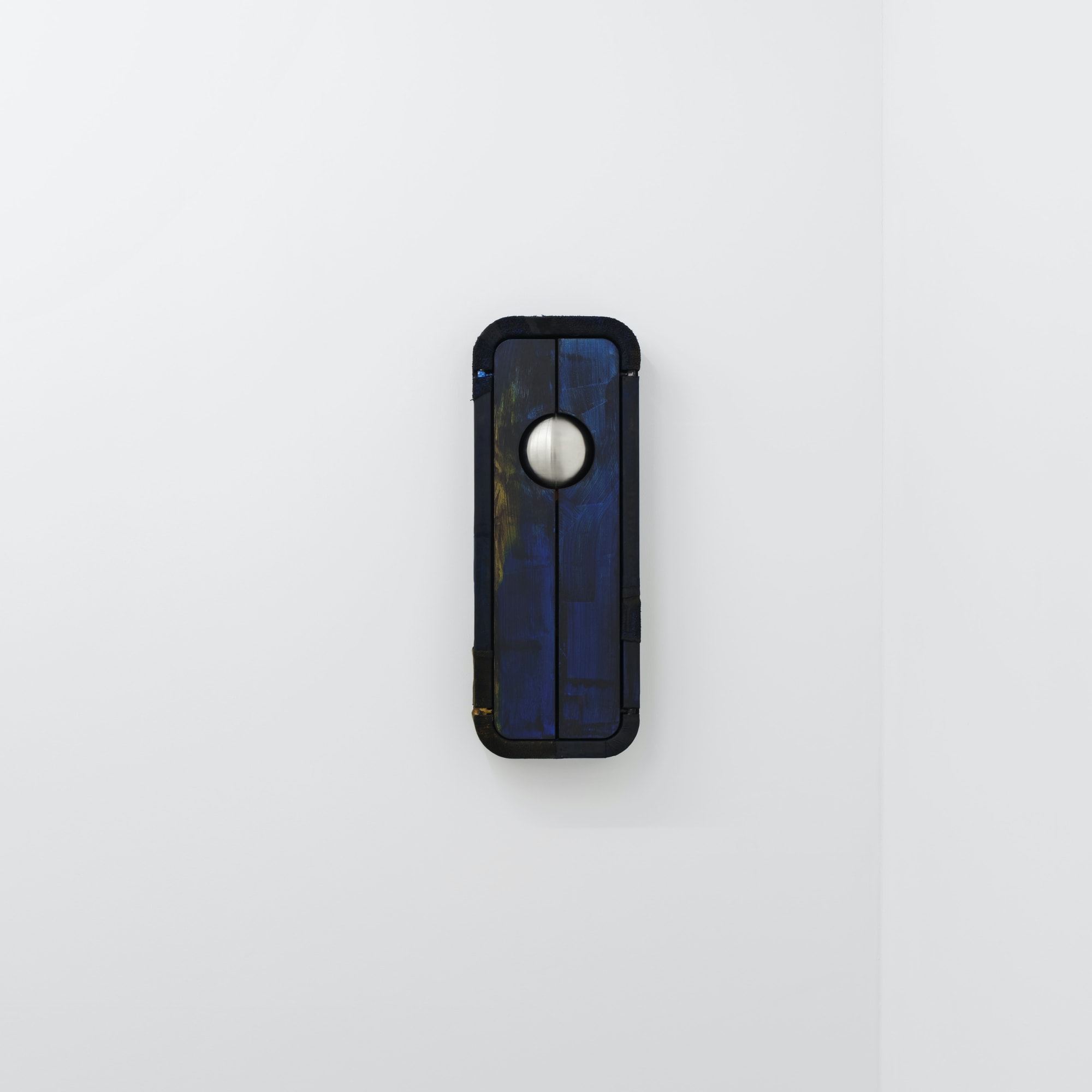 Bridges (blue), 2020, beeswax, textile debris, concrete cast, iron, acrylic on wood, 100 x 30 x 9.5 cm (closed)