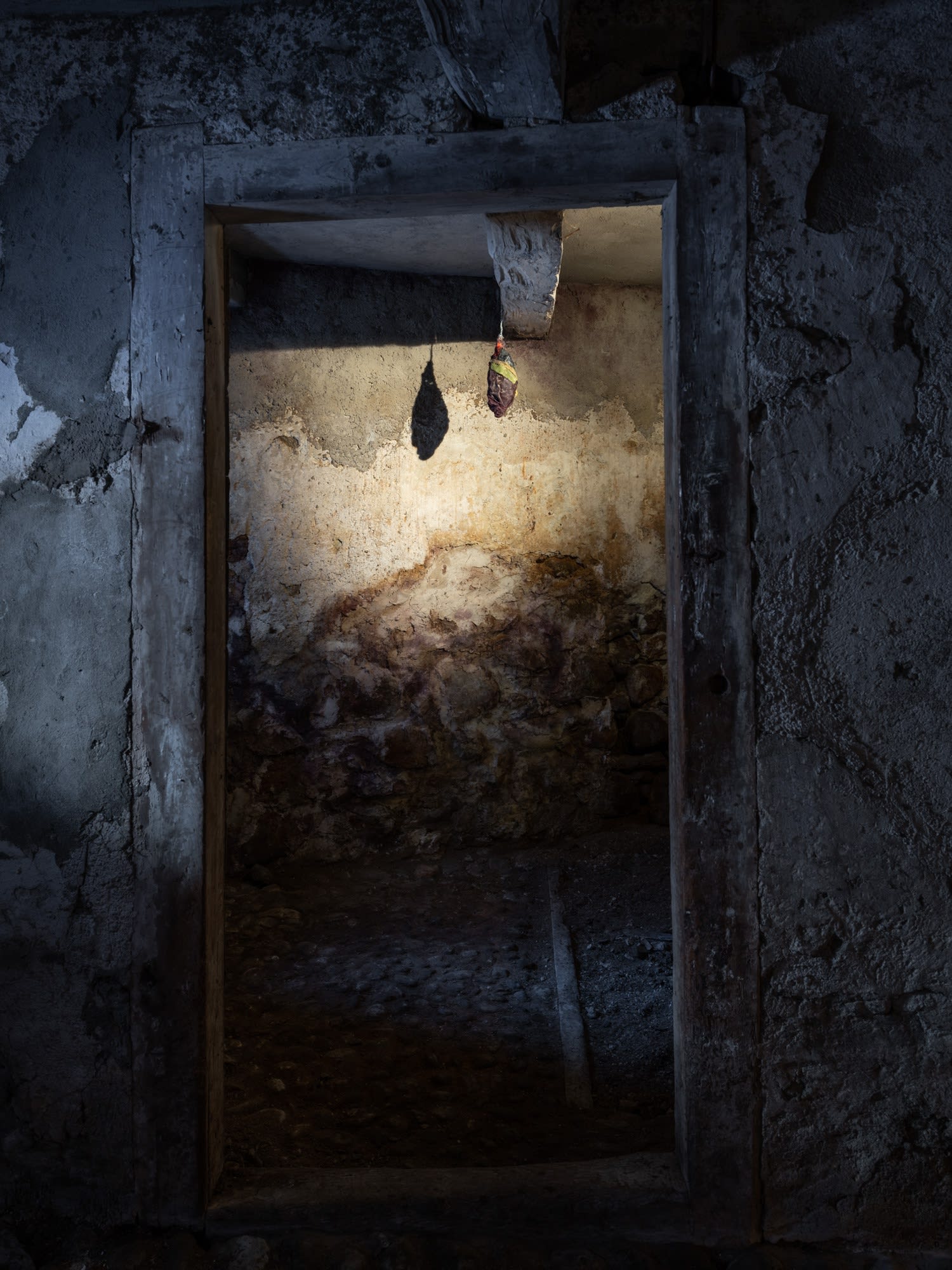 Untitled (Cocoon), 2018, fabric, wire, wax, 25 x 8 x 8 cm