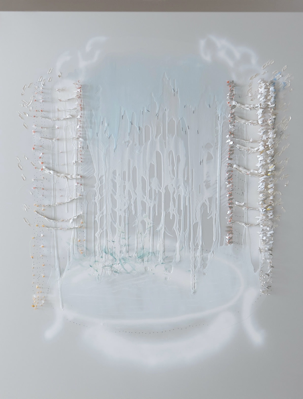 ELZA SILE, Fountain SPA, 2023, oil paint, pencilled, gelatin, thread and glue on hand-tapped aluminium, 125 x 95 cm
