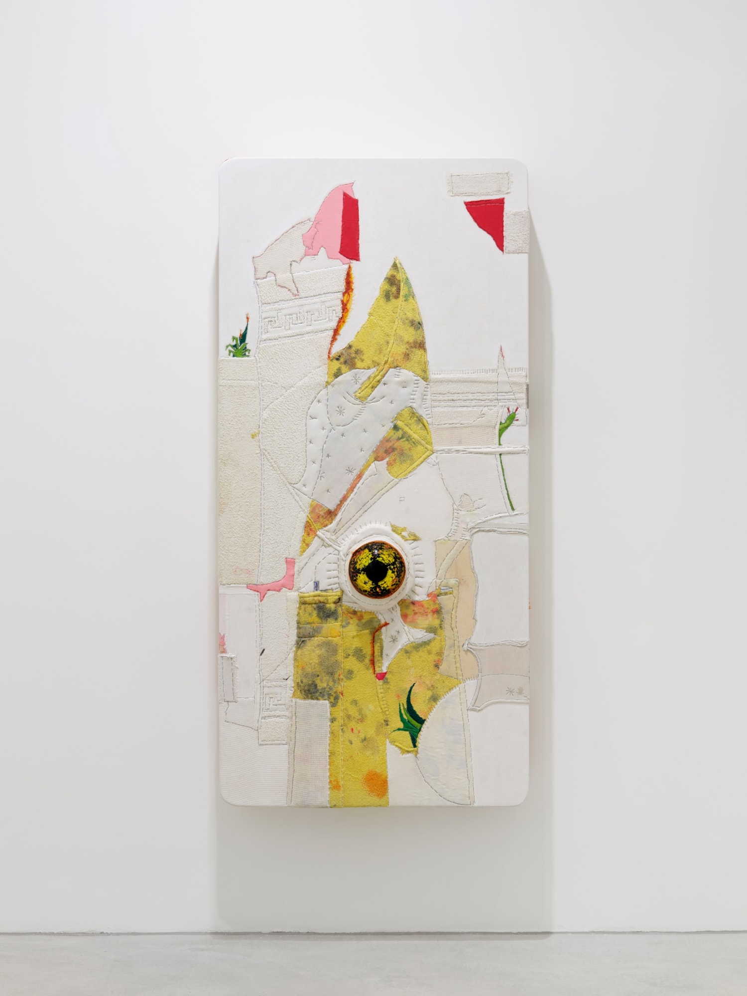 PEDRO WIRZ, Snow Whale, 2023, textile debris, mouth blown glass, acrylic binder on wood construction, 190 x 90 x 20 cm