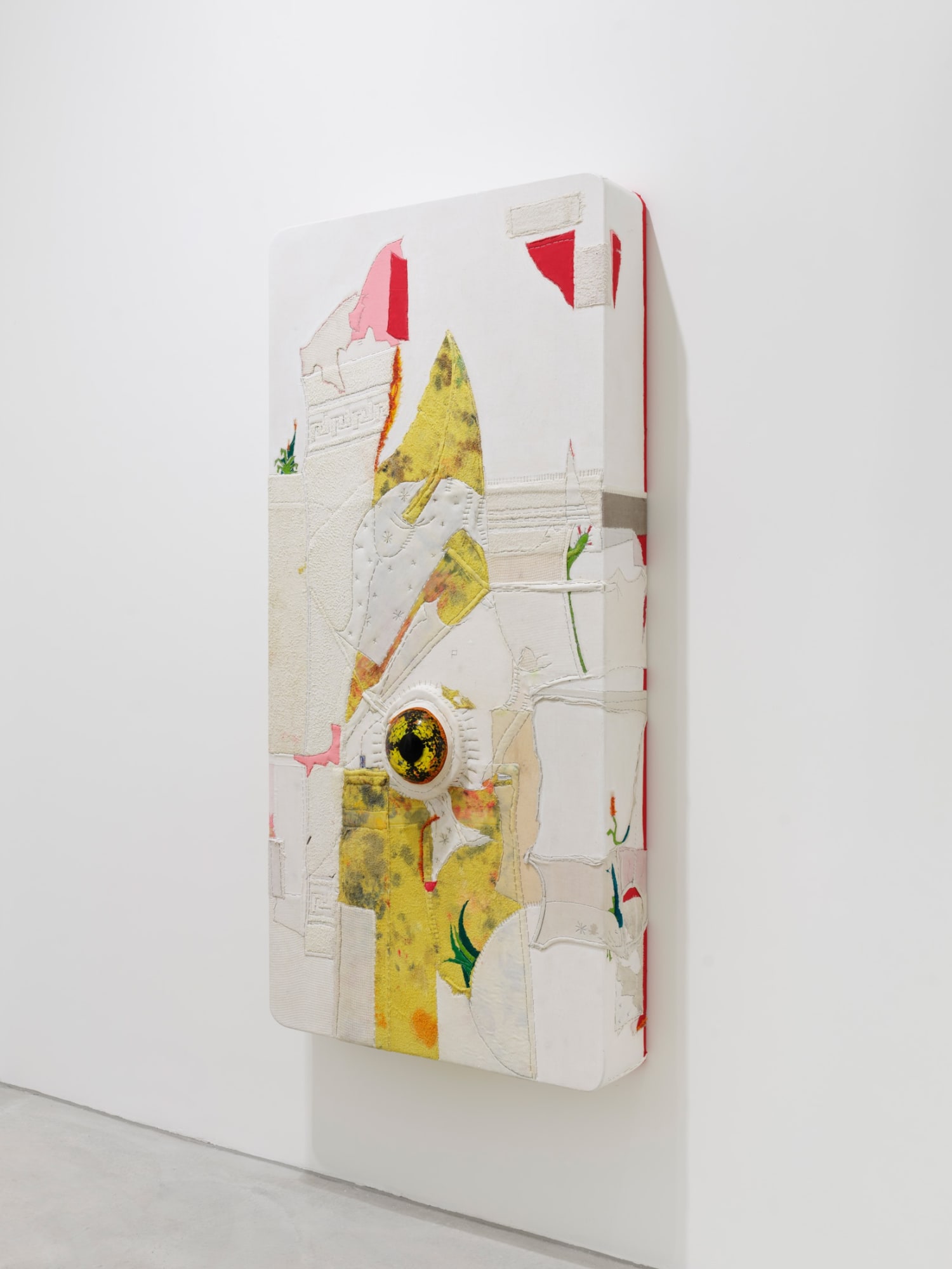 PEDRO WIRZ, Snow Whale, 2023, textile debris, mouth blown glass, acrylic binder on wood construction, 190 x 90 x 20 cm