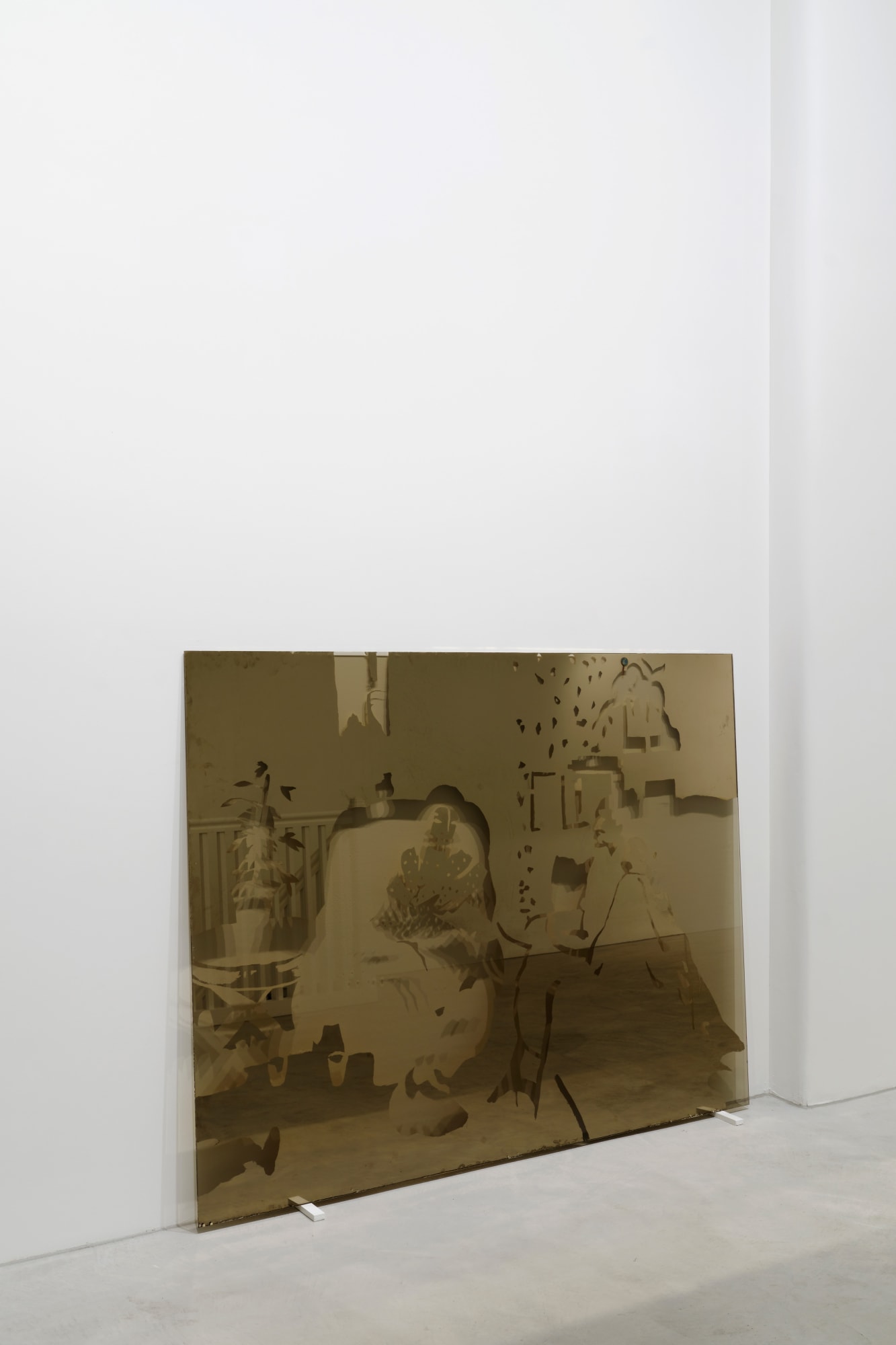 No more caring space, 2024, glass, silver nitrate, acrylic lacquer glass, wood, left plate: 141 x 180 x 7.5 cm