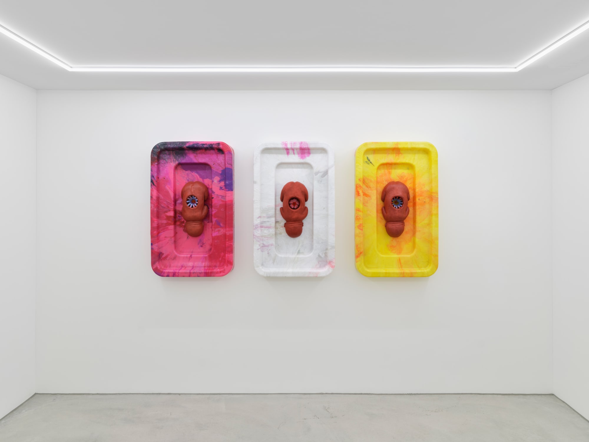 The girl who was born dancing (#3 - #5), each, 2024, burned clay, shape-memory polymer, wire on recycled plastic frame, 100 x 60 x 16 cm