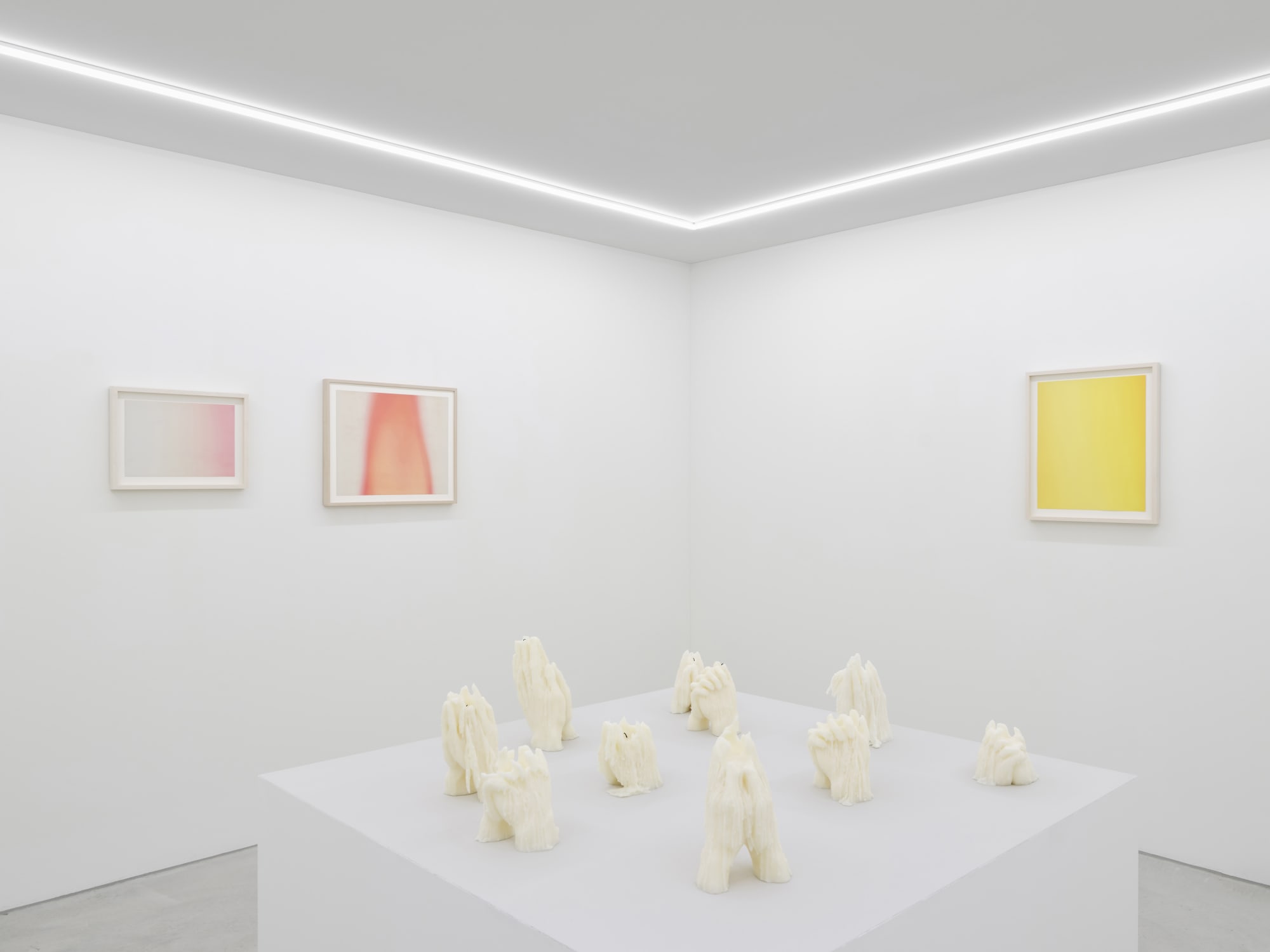 Works on paper, each, Drawing for Glowing Hour, 2023, oil on paper, various sizes In dialogue with sculptures, each, Look at This Unbearable Darkness, 2024, wax, various dimensions