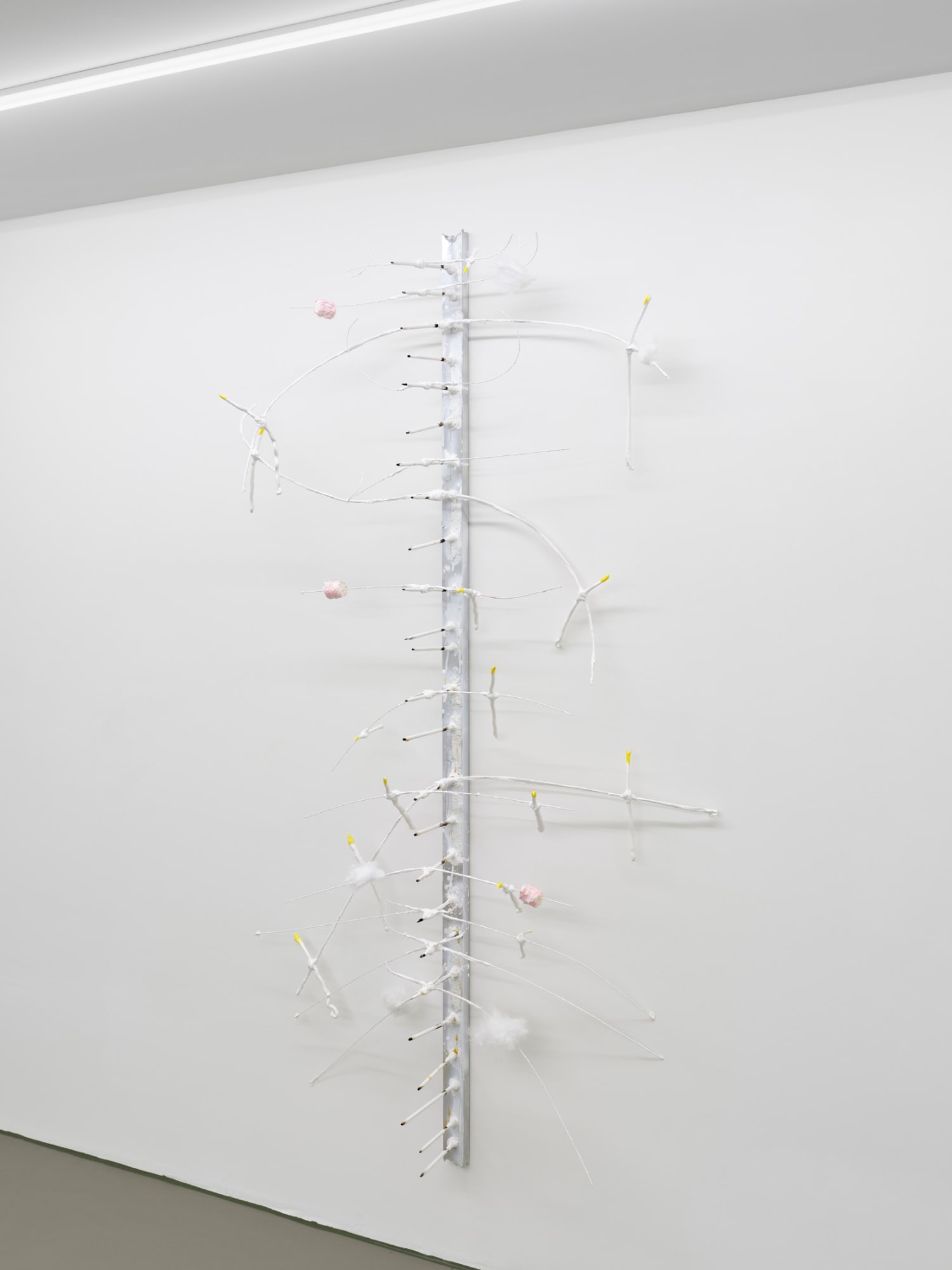 Chandelier of Mating Season, 2025, aluminum, wire, plaster, collagen, feather, marshmallow, gelatine, acrylic, wood, fire, 160 x 20 x 60 cm