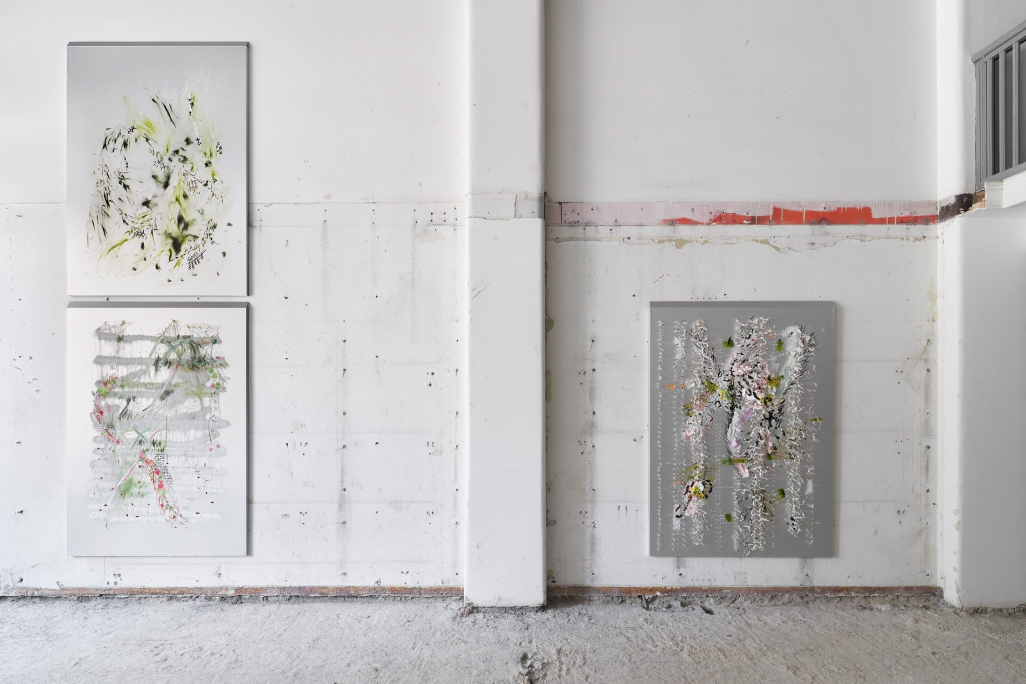 Left, top to bottom, Domestic Snake (Cloud is my sofa), 2023, oil paint on aluminium, 175 x 125 cm; Queen’s utopian double tent, 2023, oil paint, gelatin, wire, cut-outs and glue on hand-tapped aluminium, 175 x 125 cm