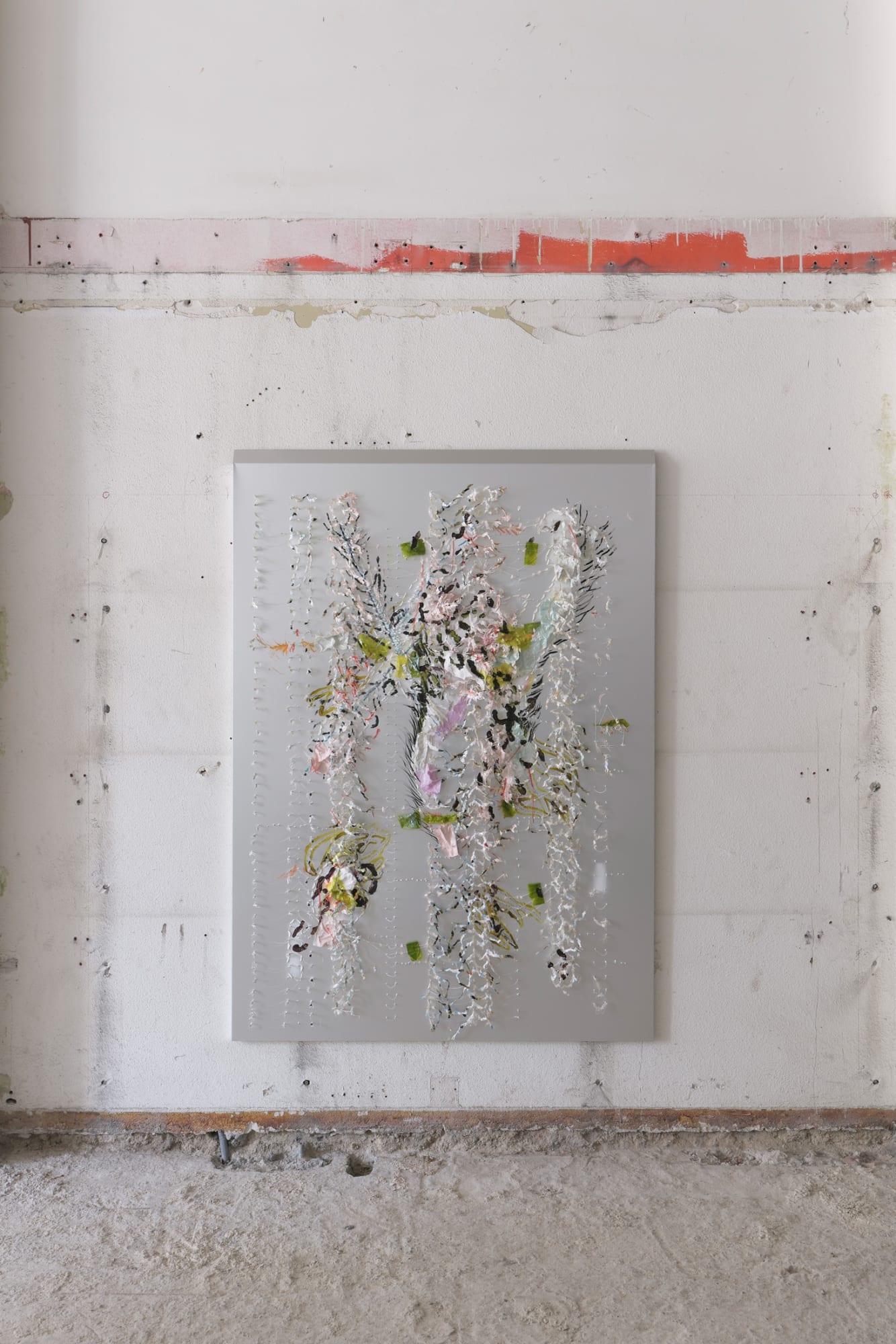 Who 21 levels who 360 degrees, 2023, oil paint, fineliner, pencilled, gelatin, thread, cut-outs and glue on hand-tapped aluminium, 175 x 125 cm