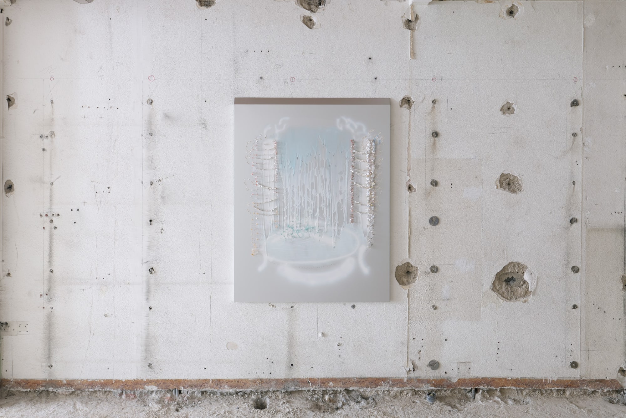 Fountain SPA, 2023, oil paint, pencilled, gelatin, thread and glue on hand-tapped aluminium, 125 x 95 cm