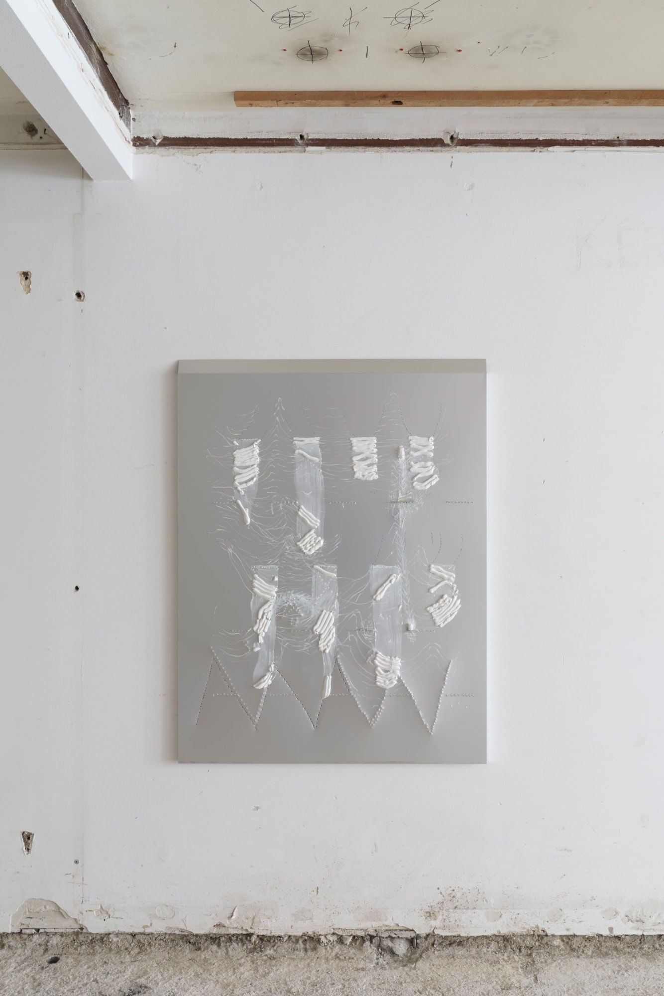 Crinoid Spring Execution, 2023, oil paint, pencilled, gelatin and glue on hand-tapped aluminium, 125 x 95 cm