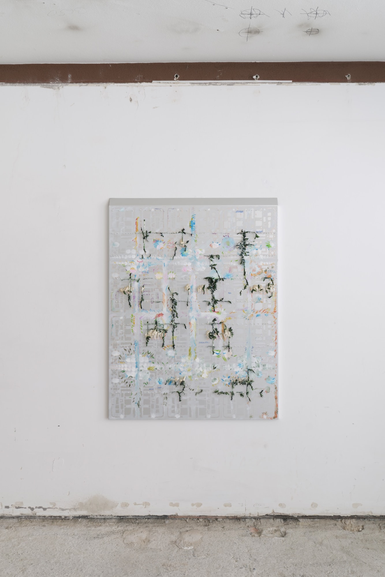 United Miracles, 2023, oil paint, fineliner, pencilled, gelatin and glue on hand-tapped aluminium, 125 x 95 cm