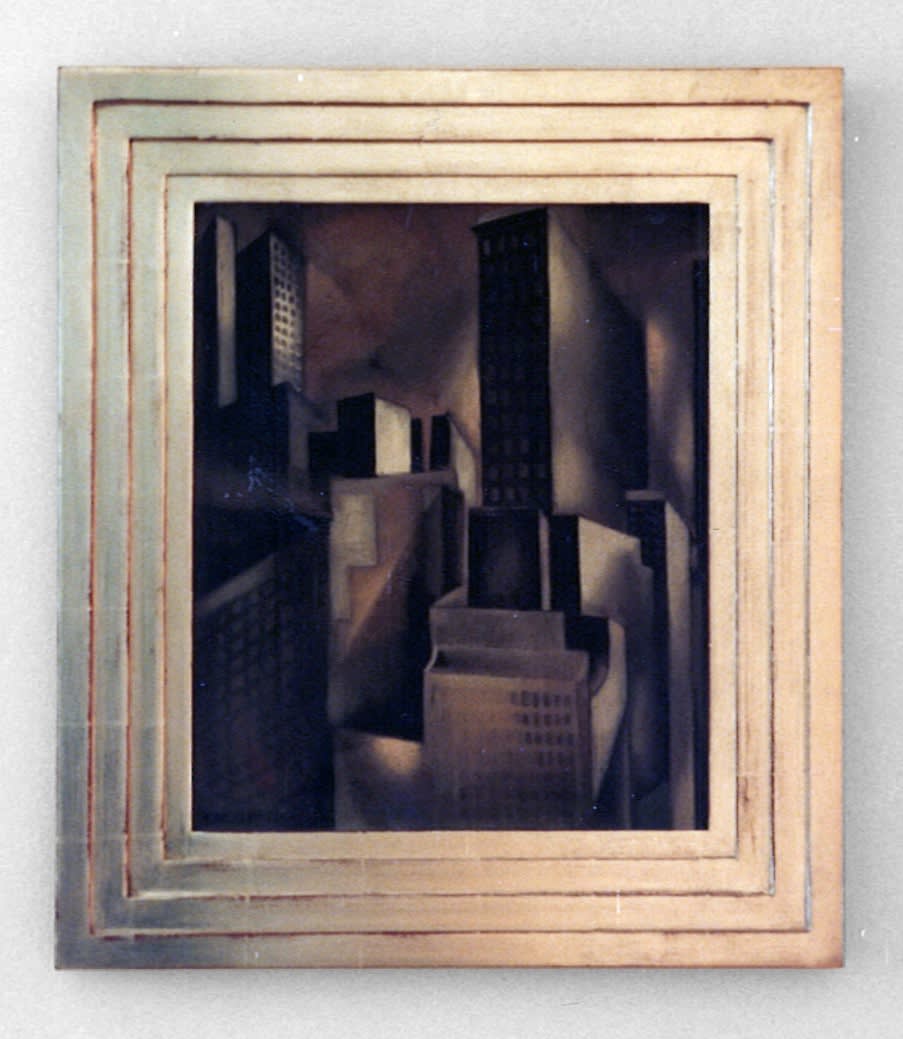 Cubist painting of an abstracted New York cityscape with greys, browns, and blacks