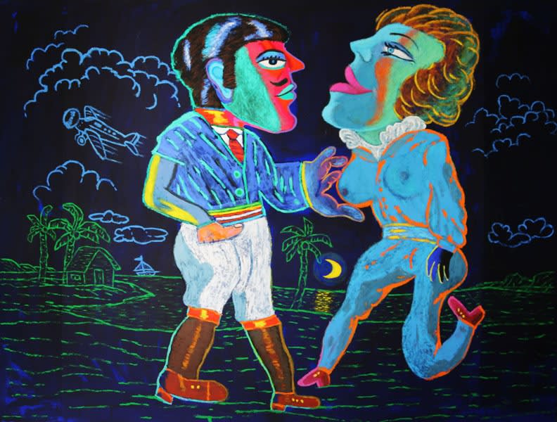 Drawing of figures in an urban setting on a dark background