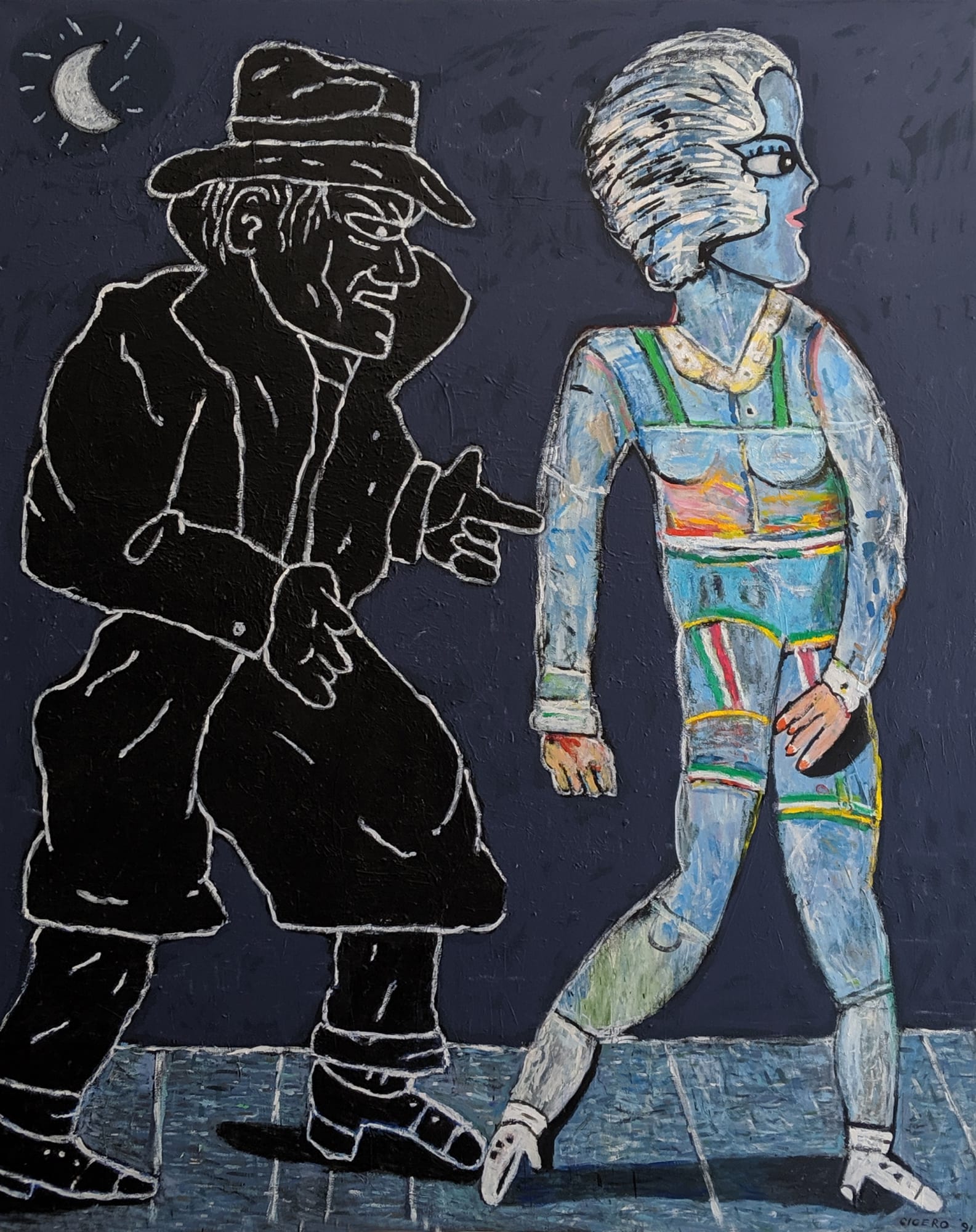 Drawing of figures in an urban setting on a dark background