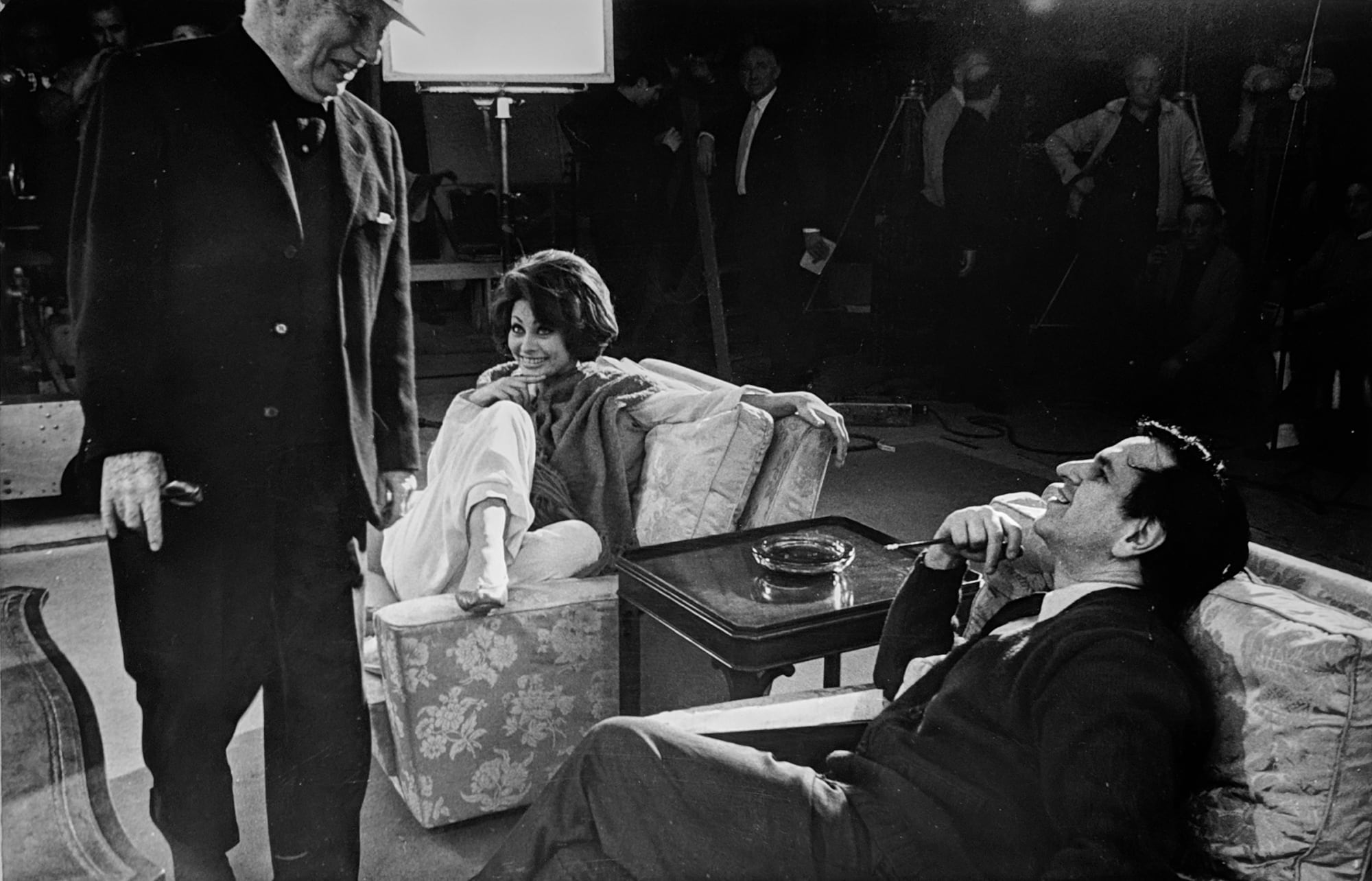 Hatami, Sophia Loren and Charlie Chaplin on the set of “A Countess from Hong Kong,” Pinewood Studios, Buckinghamshire, 1966