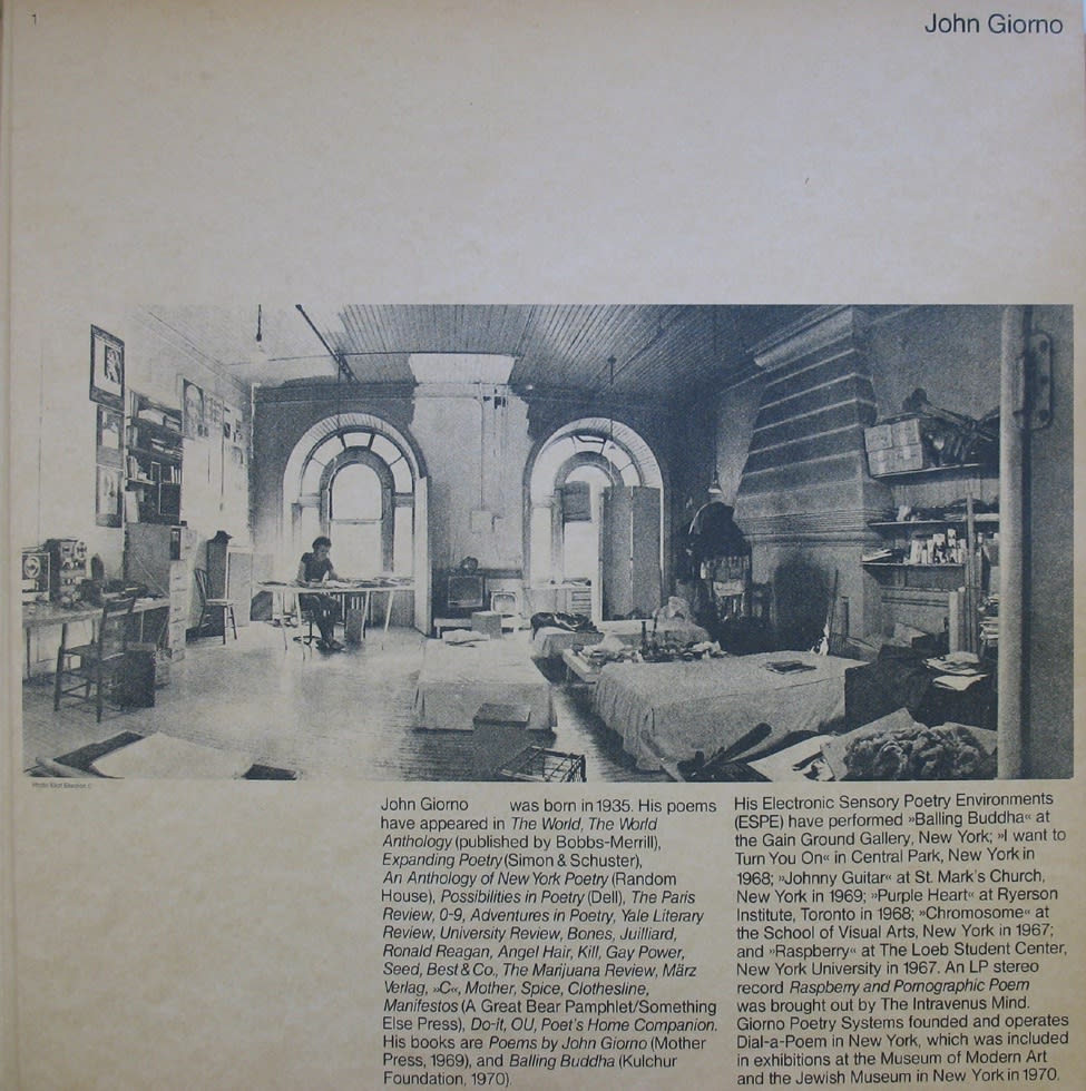 Black and white photograph of John Giorno in his studio with text underneath