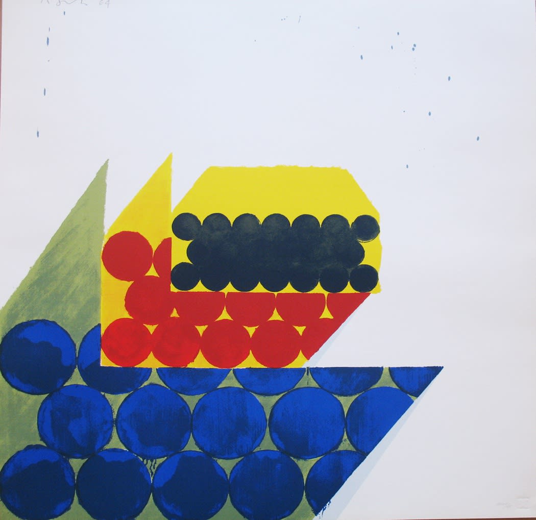 Yellow, black, red, and blue print on white background