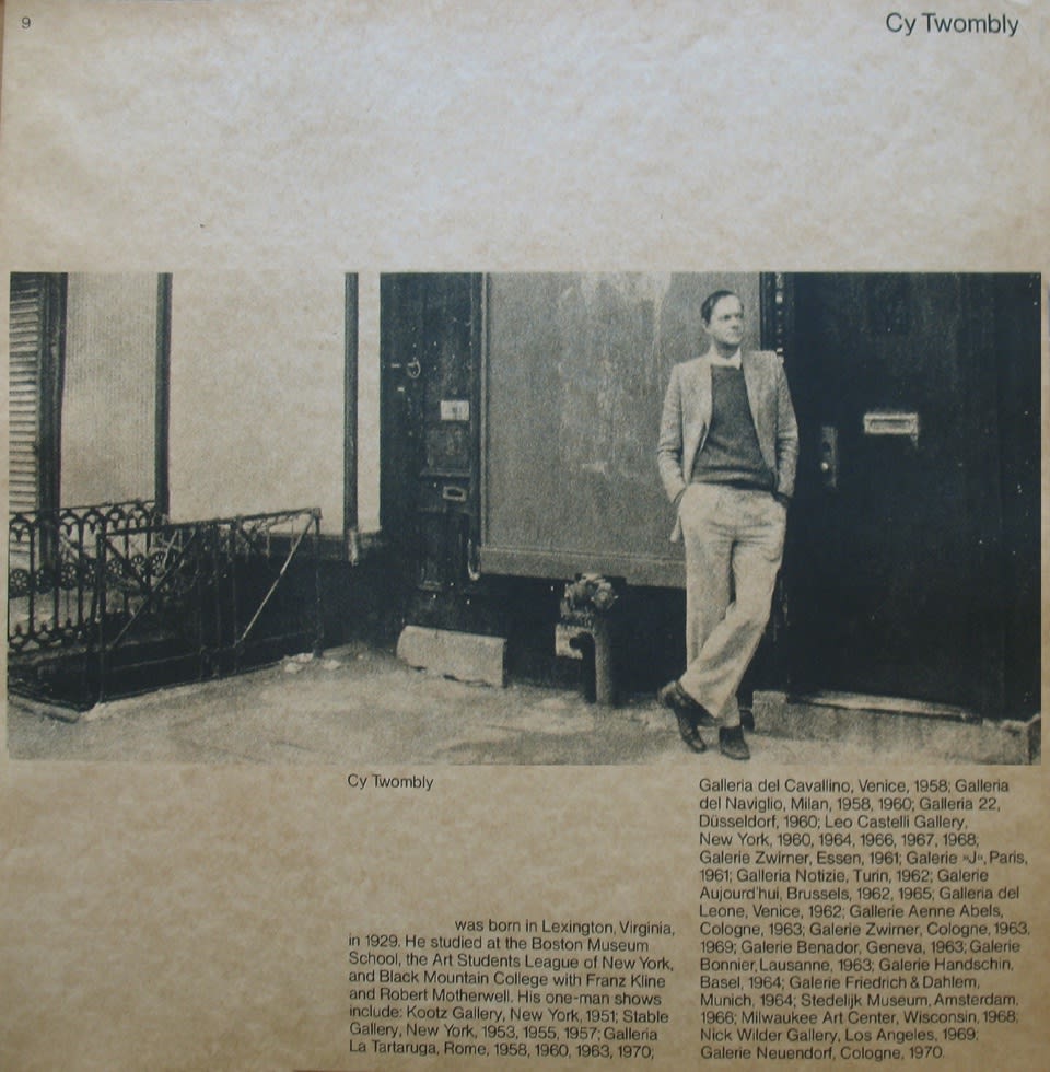Black and white photograph of Cy Twombly, text underneath