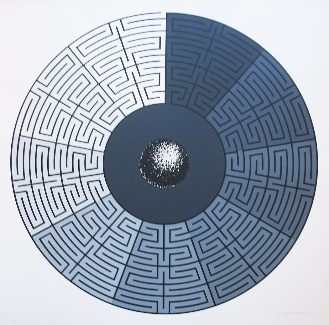 Circular maze made of nine shades of blue printed on white background