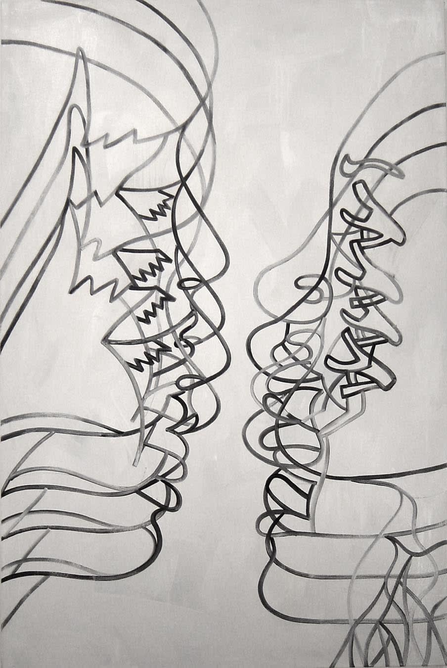 Oil outline of two faces on side profile in front of a white background