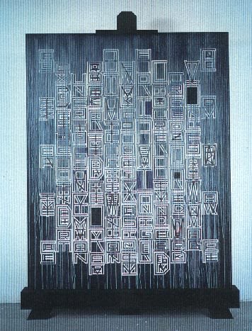 Large wood panel painted blue with white details