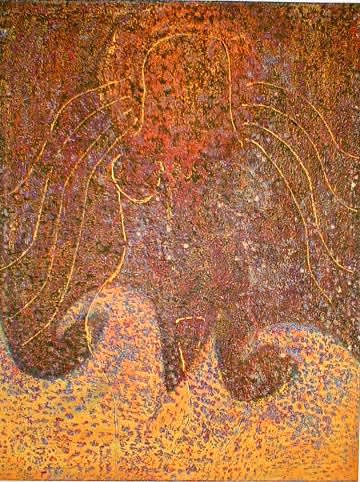 Orange and yellow acrylic painting of a goddess over waves of water