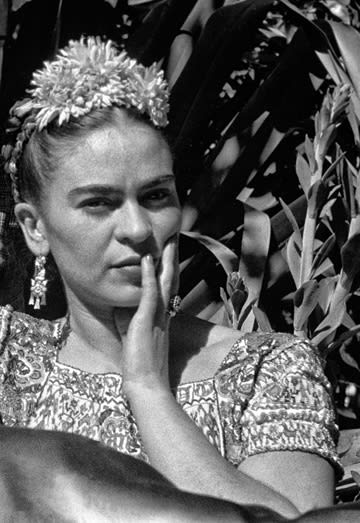 Black and white photograph of Frida Kahlo