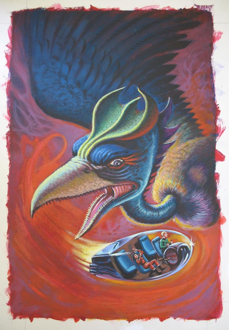 Watercolor painting of giant bird attacking spacecraft