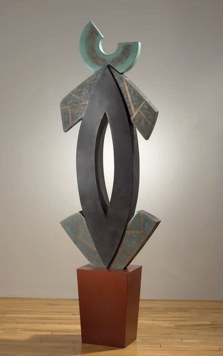Silver, green, and brown sculpture