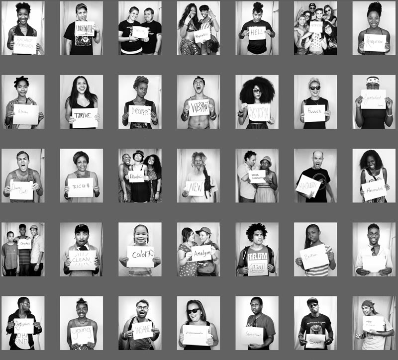 Black and white collage of portraits in which the subject holds a sign with writing