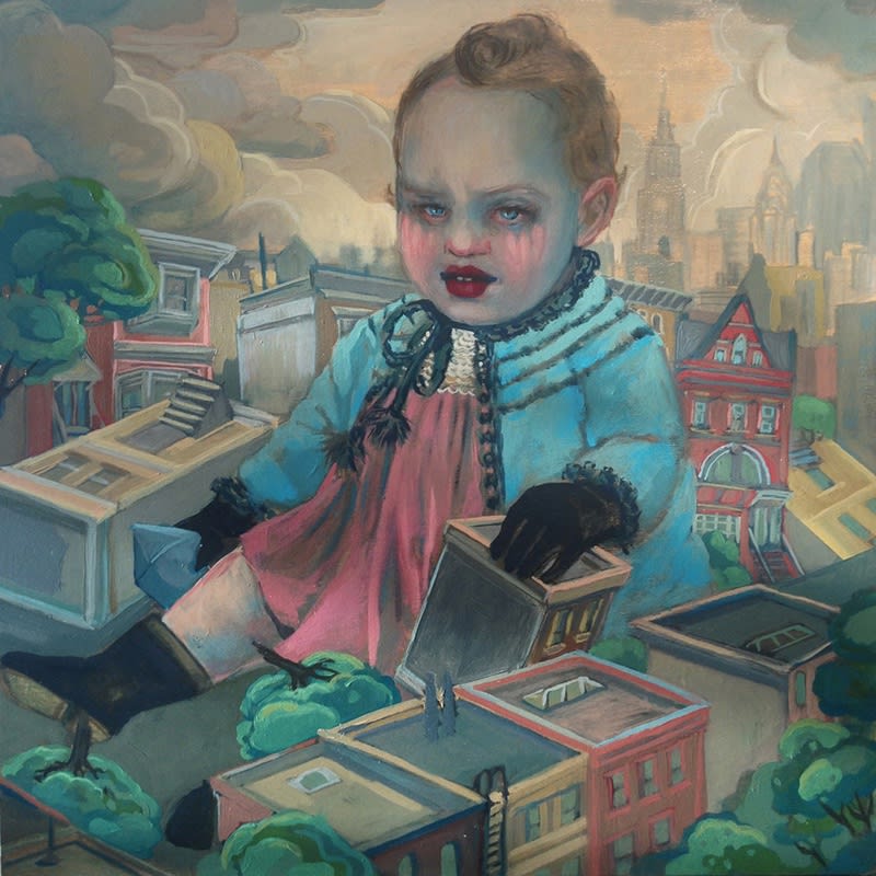 Oil painting of a sinister-appearing toddler playing with New York City buildings as if they were toys