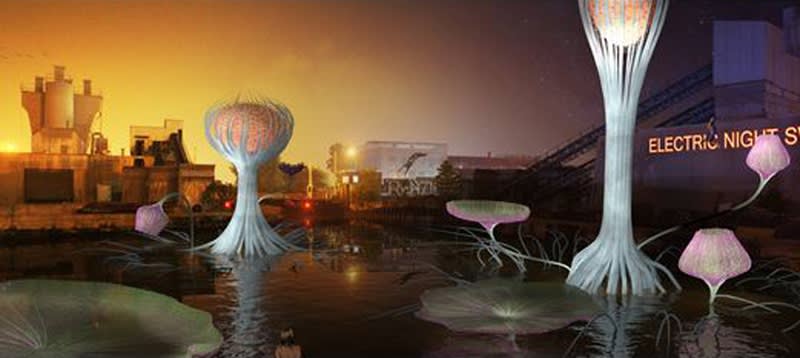 Futuristic image of a waterway with industrial buildings and biomorphic forms