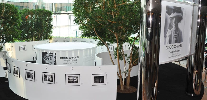 Elevated view of The Rotunda in Hong Kong displaying an exhibition of photographs of Coco Chanel taken by Douglas Kirkland in 1962