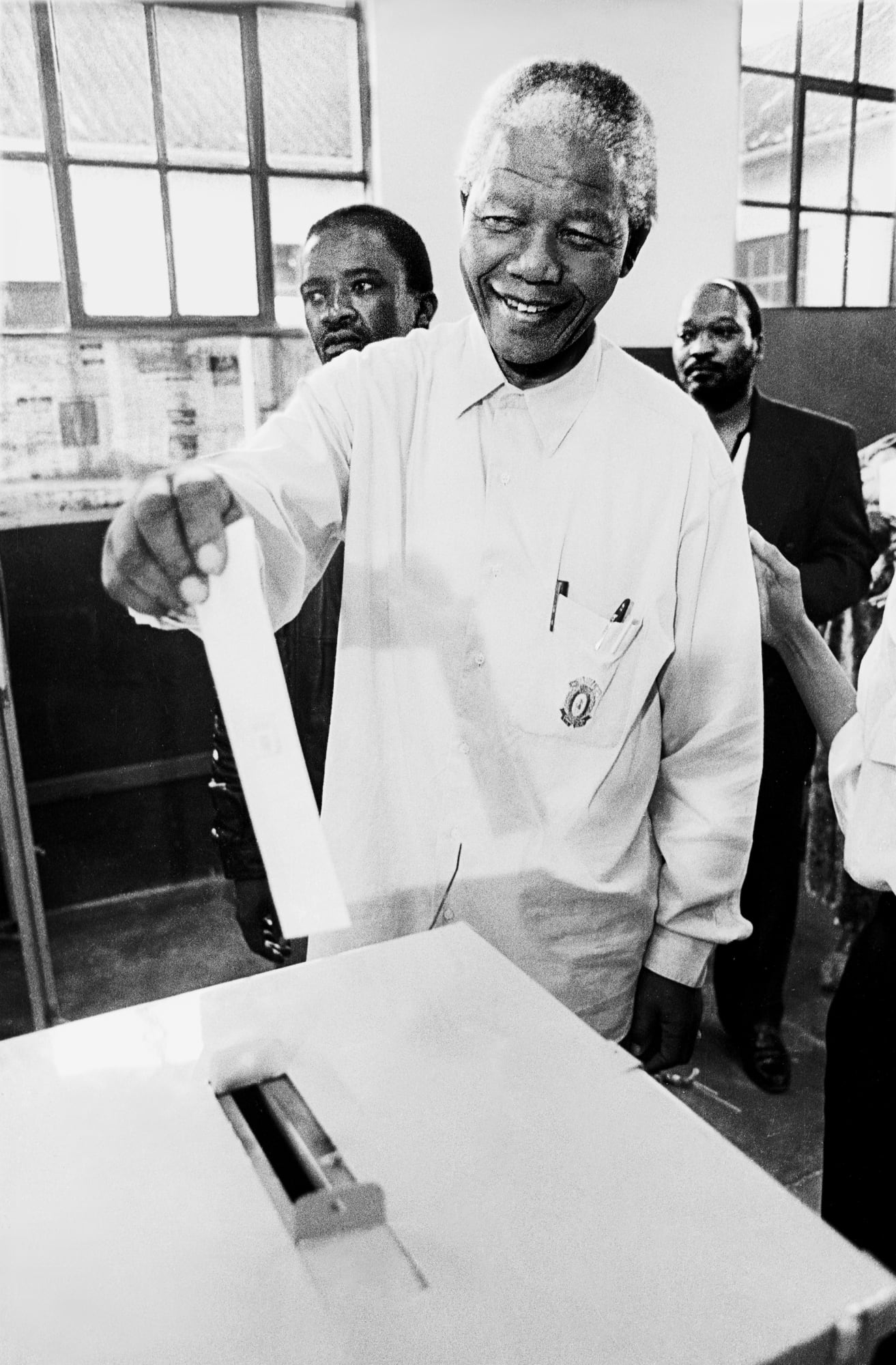 Paul Weinberg, Nelson Mandela votes for the first time in his life, Ohlange High School, KwaZulu-Natal, 1994, 2024