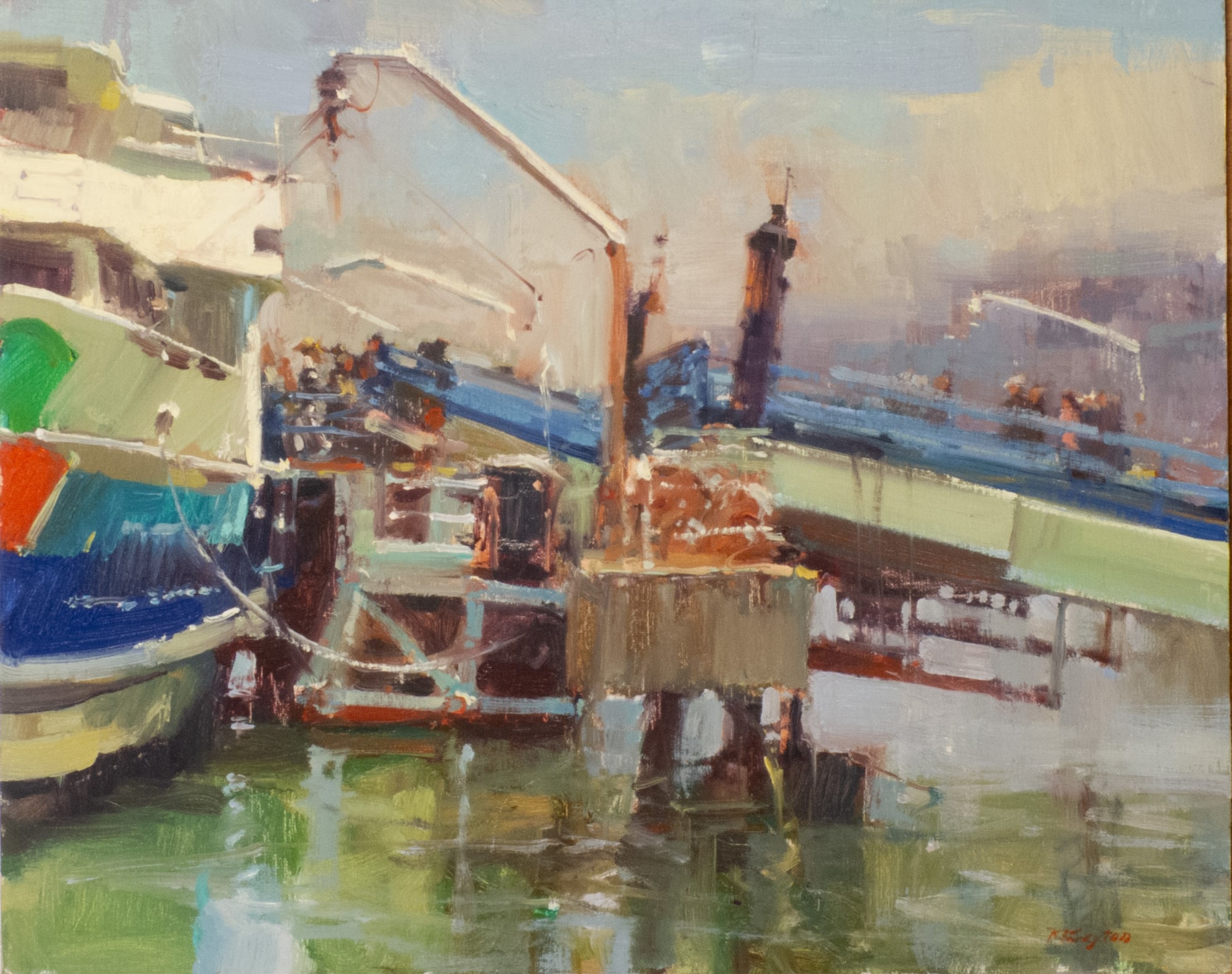 a painting of a ferry boat at a dock