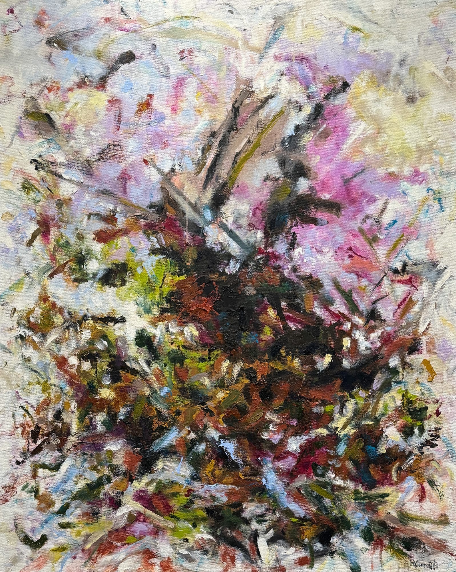 An abstract painting with lots of pink brushstrokes