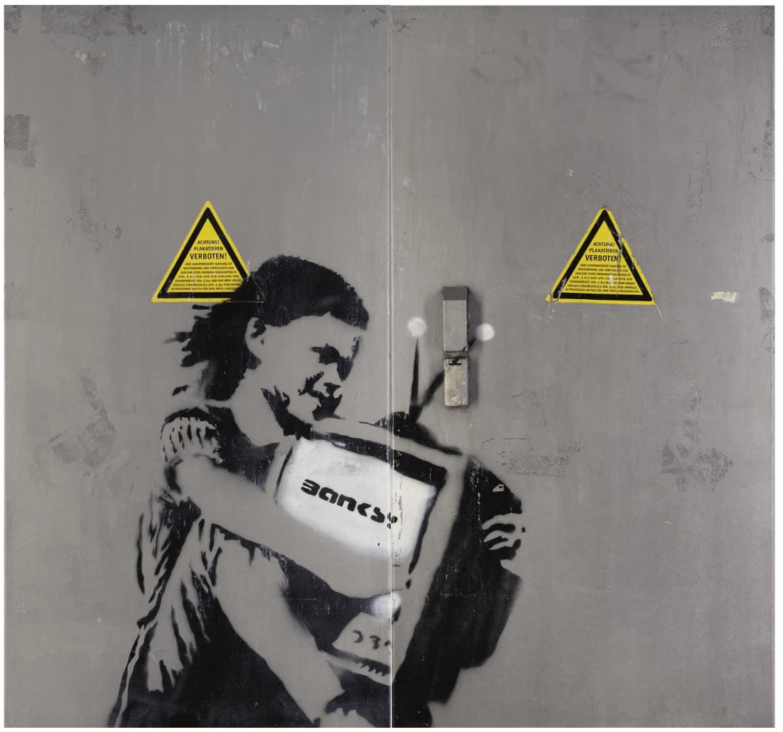 Girl with TV, 2004 Spray-paint on industrial doors, in two parts 103.5cm x 110.2cm