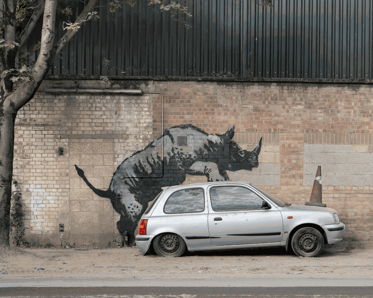 Banksy’s 2024 Rhinoceros artwork from animal series, bold and collectable street art creation.