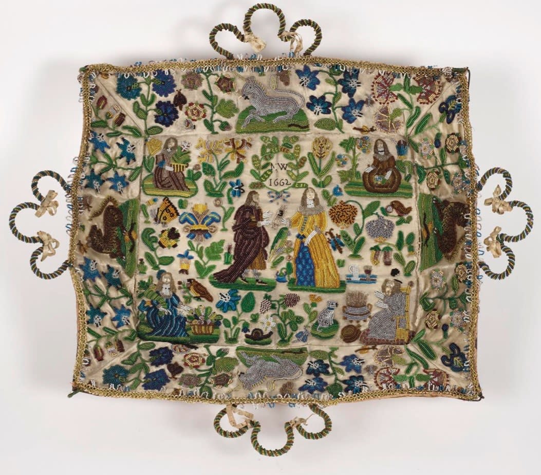 Beadwork basket English, dated 1661 Wadsworth Atheneum (sold 1989)