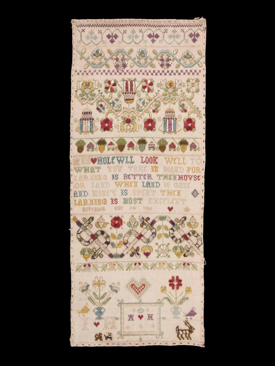 Silk on linen sampler Ann Holwell (English), dated November 14, 1669 Colonial Williamsburg (1998-162)