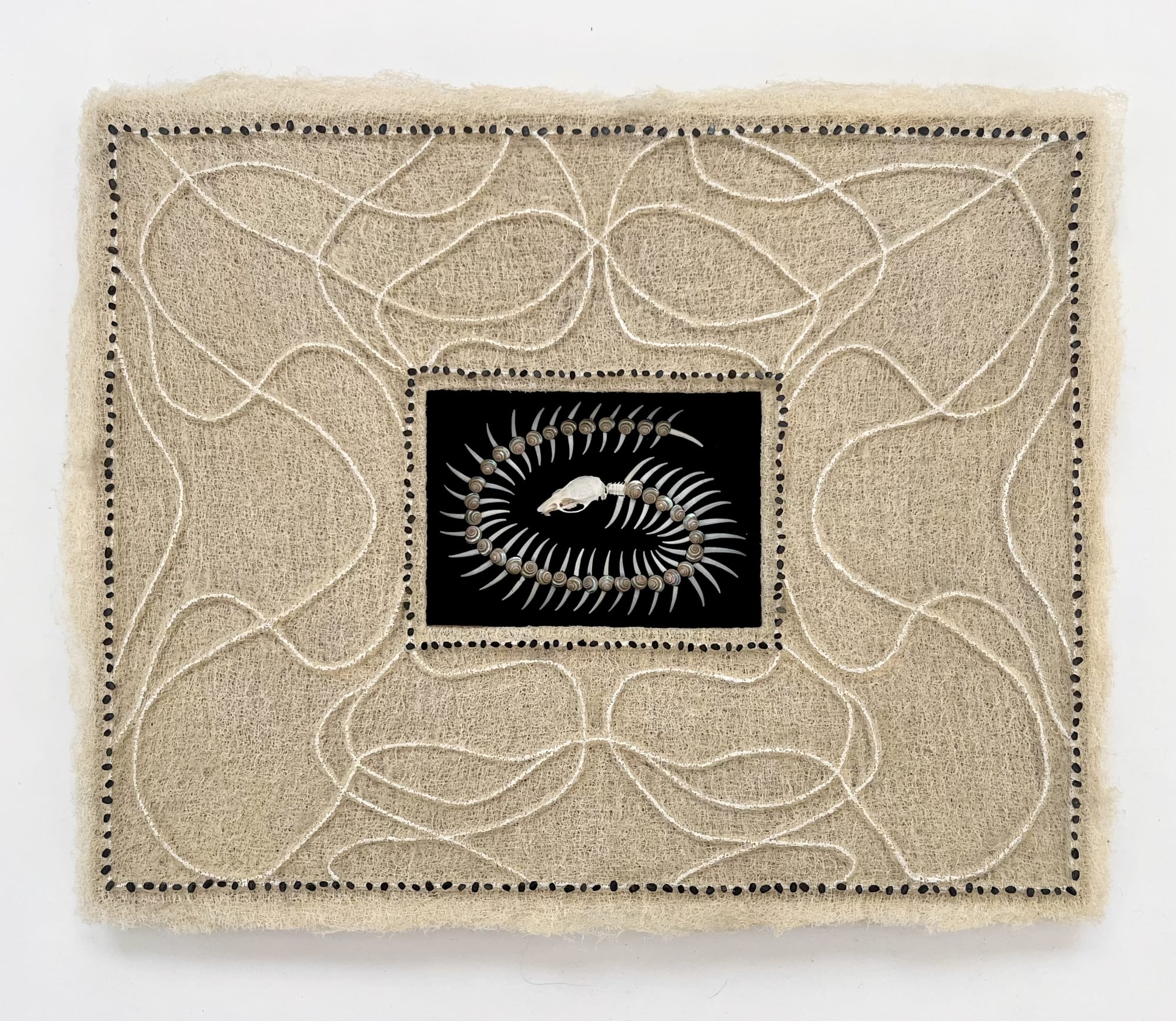 Ansley Givhan, Carpe Aeternitatem, 2025-2026, gouache, ink, gauze, twine, metal tacks, bone, shell, suede, and glass on wood, 21 x 17 inches. Image courtesy of the artist.