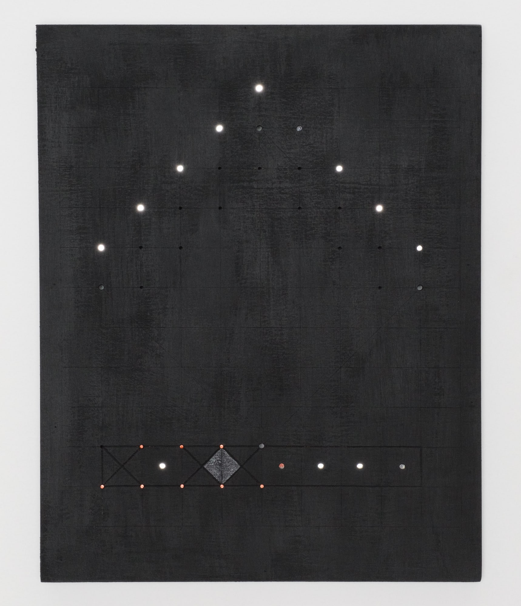 Ana Hernandez We Are (O), 2023 (From We Are (O, C, H, N, Ca, P)) Acrylic, burn marks, mirrors, repurposed nails and copper wire on wood 14” x 11” x 1”