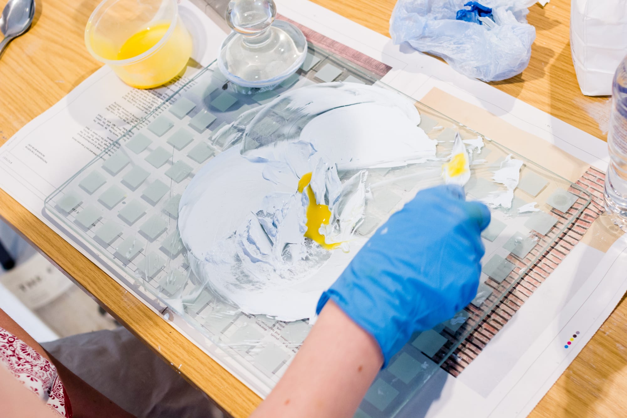 Fiona Grady making egg tempera paint for her wall drawing at The Art House, Photo: Jules Lister | The Art House Wakefield