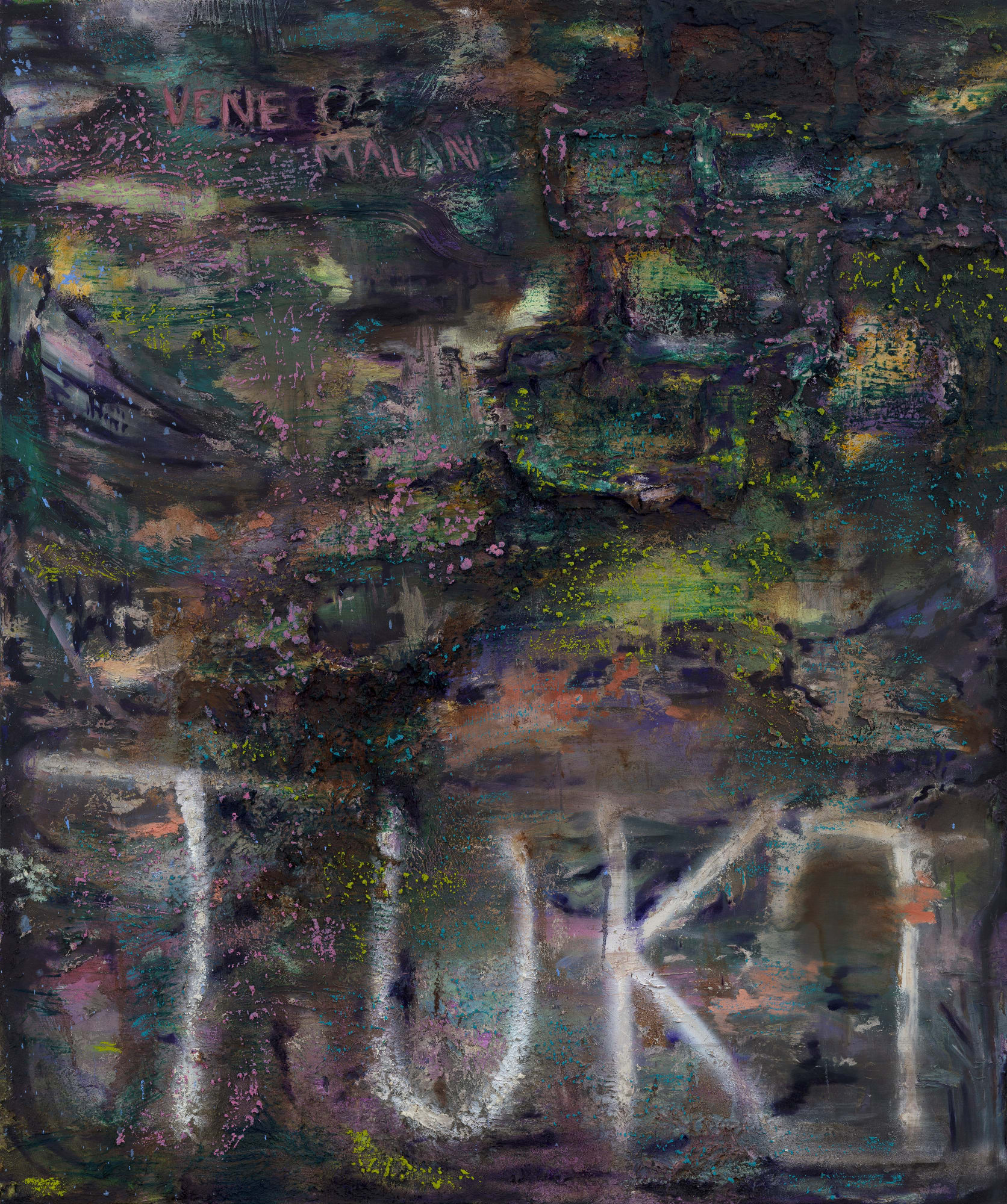 Brian De Jesus Tuki, 2024, Oil paint, oil sticks, tile adhesive, concrete and dirt on canvas, 120 x100cm (47x39in)