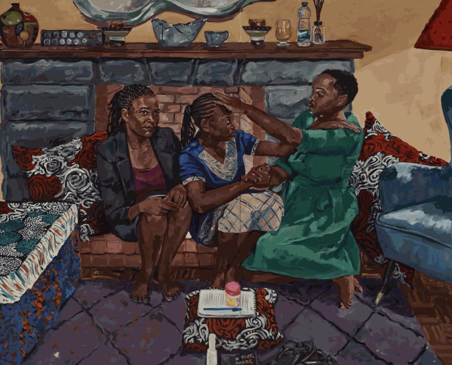 Wangari Mathenge A Day of Rest (Kemunto, Mary and Sarah), 2023, Oil on tea stained canvas, in two parts, 241.3 x 287 cm (95 x 113 in)