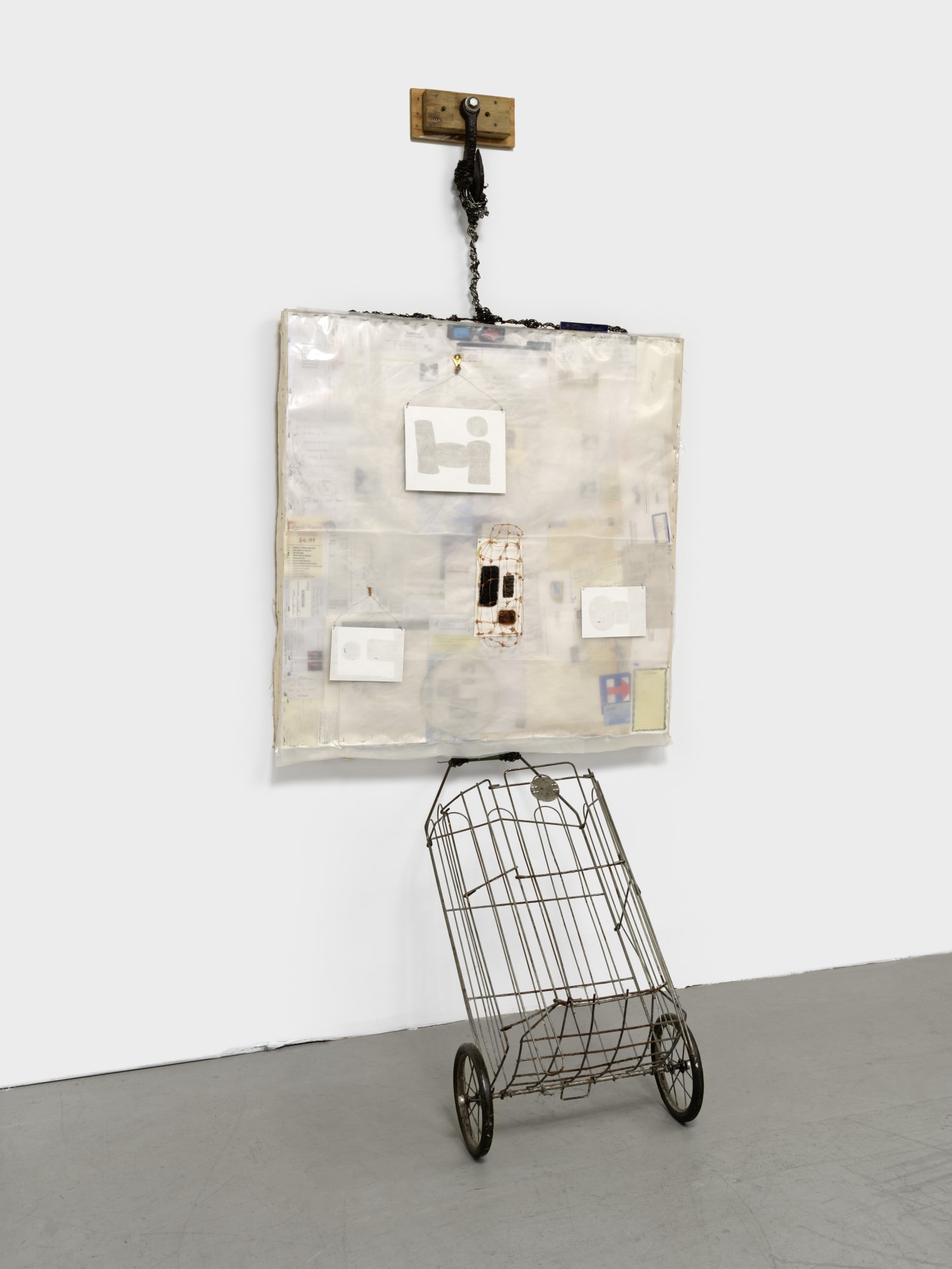 Arthur Simms Aldana’s Cart, Icema in the U.S., 2016 Silver point, artist’s hair, Lucy Fradkin’s hair, paper, wire, earth, pen, pencil, markers, screws, tape, plastic, metal, wood, canvas, thread, photos, and glue 102 x 41 x 38 in 259.1 x 104.1 x 96.5 cm