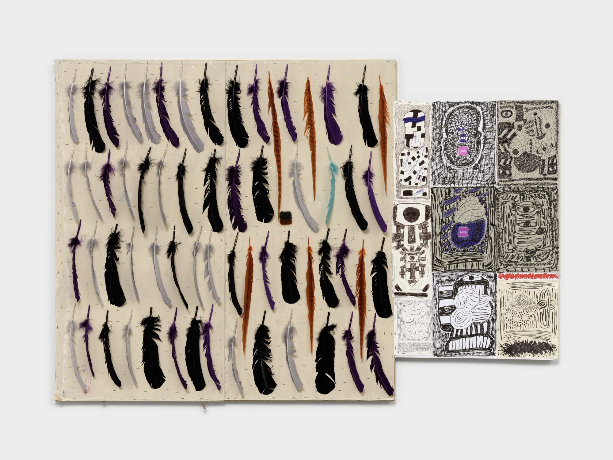 Arthur Simms Feathers for Icema, 2023 Artist's hair, Lucy Fradkin's hair, feathers, muslin, staples, wood, paper, pencil, pen, ink, marker, glue, and foam core 48 x 71 x 4 in 121.9 x 180.3 x 10.2 cm